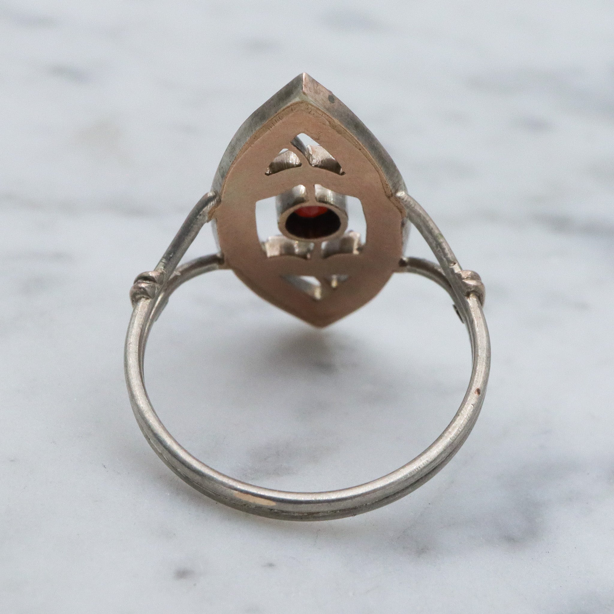 Antique sterling silver Bohemian rose cut garnet navette ring, sz 7.75